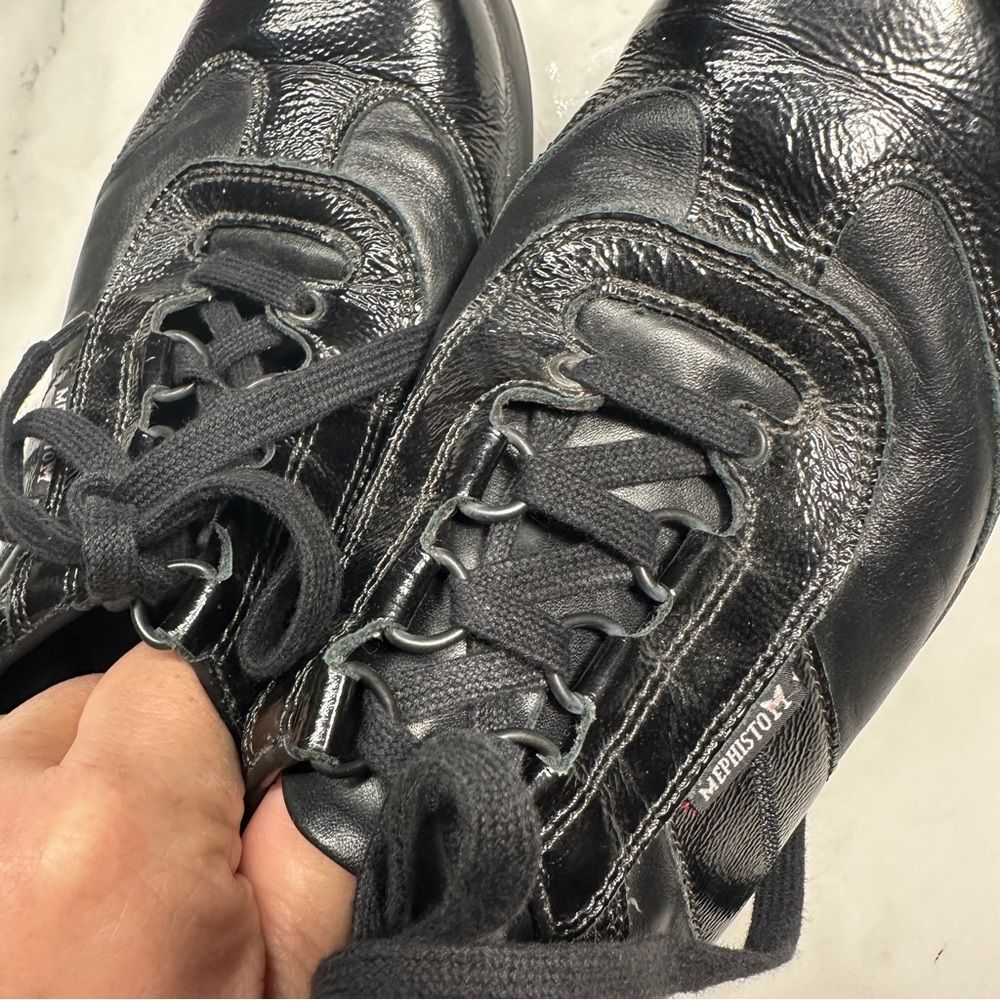 Mephisto Black Leather & Patent Lace Up Sneakers, Women's 7.5 Casual Comfortable